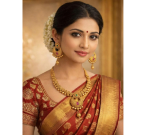 South Indian Style Gold Plated Necklace Set with Earrings for Women | Red & Green Stone Ethnic Wedding Set