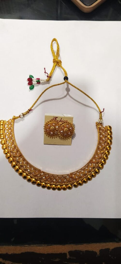 Choker Necklace Set with Earrings for Women & Girls | Gold Plated Mirror Work Necklace Set