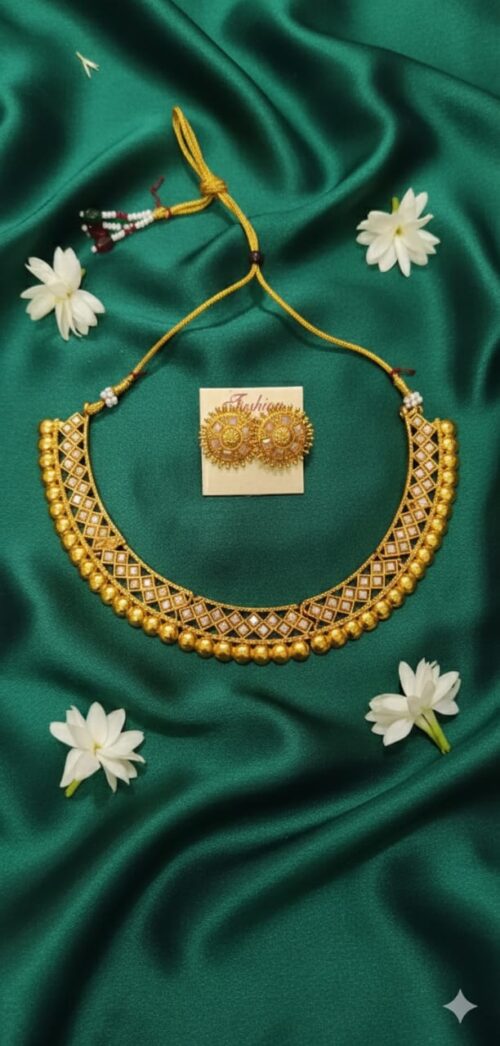 Choker Necklace Set with Earrings for Women & Girls | Gold Plated Mirror Work Necklace Set