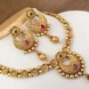 South Indian Style Gold Plated Necklace Set with Earrings for Women | Red & Green Stone Ethnic Wedding Set
