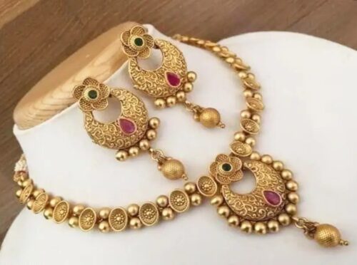 South Indian Style Gold Plated Necklace Set with Earrings for Women | Red & Green Stone Ethnic Wedding Set