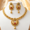 South Indian Style Gold Plated Necklace Set with Earrings for Women | Red & Green Stone Ethnic Wedding Set
