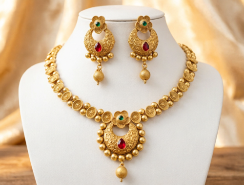 South Indian Style Gold Plated Necklace Set with Earrings for Women | Red & Green Stone Ethnic Wedding Set