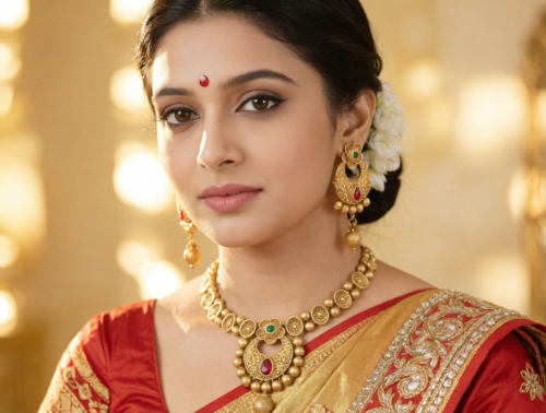 South Indian Style Gold Plated Necklace Set with Earrings for Women | Red & Green Stone Ethnic Wedding Set