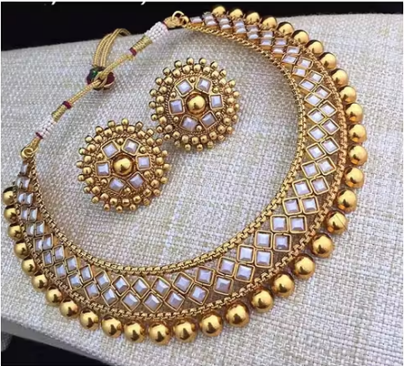 Choker Necklace Set with Earrings for Women & Girls | Gold Plated Mirror Work Necklace Set
