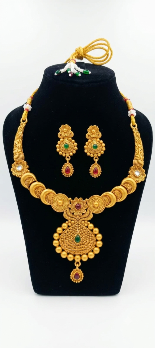 Antique Gold-Plated Temple Necklace Set with Matching Earrings