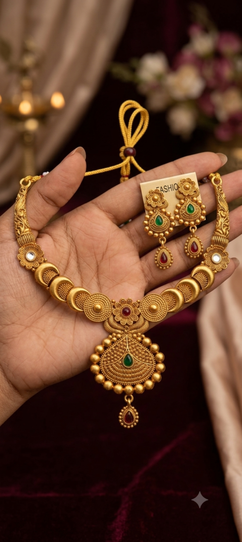 Antique Gold-Plated Temple Necklace Set with Matching Earrings