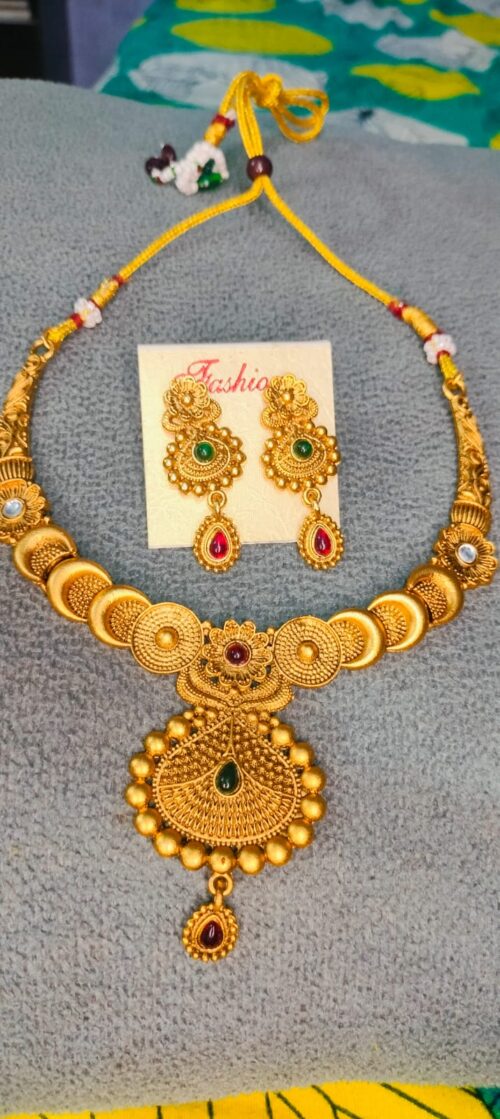 Antique Gold-Plated Temple Necklace Set with Matching Earrings
