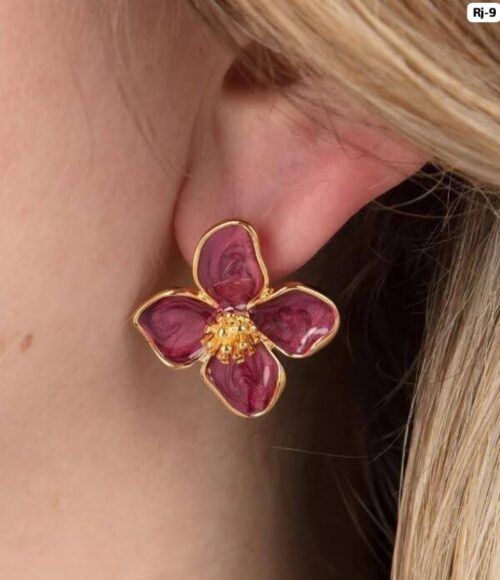 Gold Plated  Enamel Flower Stud Earrings for Women & Girls | Lightweight Floral Fashion Jewellery
