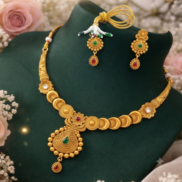 Antique Gold-Plated Temple Necklace Set with Matching Earrings - Image 3
