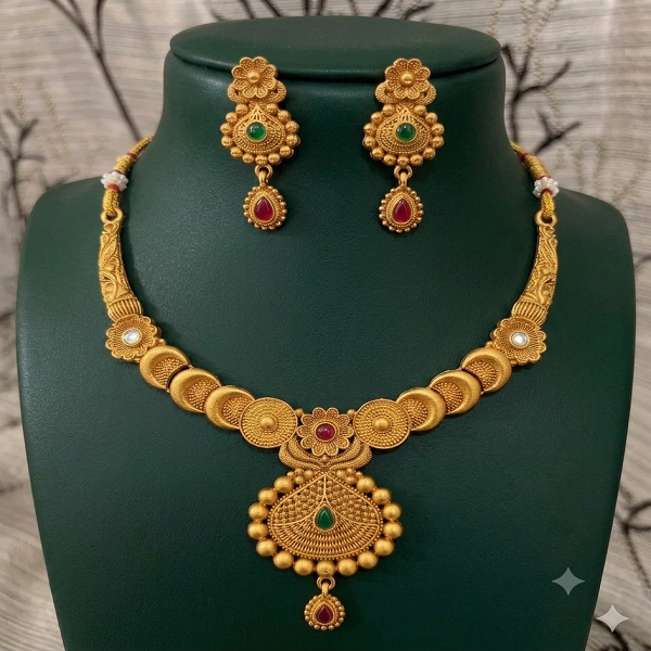 Antique Gold-Plated Temple Necklace Set with Matching Earrings - Image 4