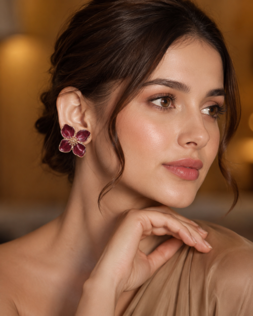 Gold Plated  Enamel Flower Stud Earrings for Women & Girls | Lightweight Floral Fashion Jewellery