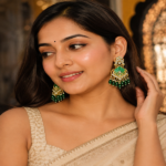 Designer Green Meenakari Kundan Earrings with Green Beads