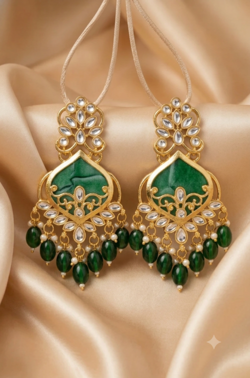 Designer Green Meenakari Kundan Earrings with Green Beads for Women