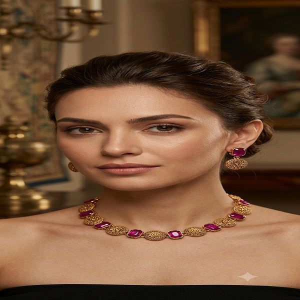 Gold-Plated Pink Stone Choker Necklace Set with Earrings for Women - Image 3
