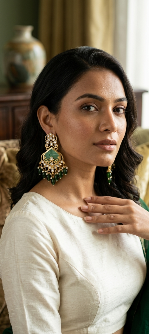 Designer Green Meenakari Kundan Earrings with Green Beads for Women