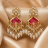 Gold Plated Pink Meenakari Kundan Chandbali Earrings with Pearl Drops for Women