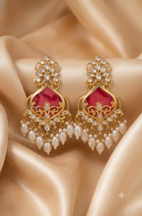 Gold Plated Pink Meenakari Kundan Chandbali Earrings with Pearl Drops for Women