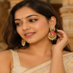 Gold Plated Pink Meenakari Kundan Chandbali Earrings with Pearl Drops for Women
