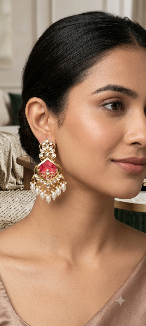 Gold Plated Pink Meenakari Kundan Chandbali Earrings with Pearl Drops for Women