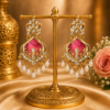 Gold Plated Pink Meenakari Kundan Chandbali Earrings with Pearl Drops for Women