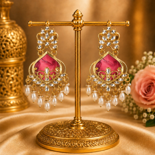 Gold Plated Pink Meenakari Kundan Chandbali Earrings with Pearl Drops for Women