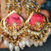 Gold Plated Pink Meenakari Kundan Chandbali Earrings with Pearl Drops for Women