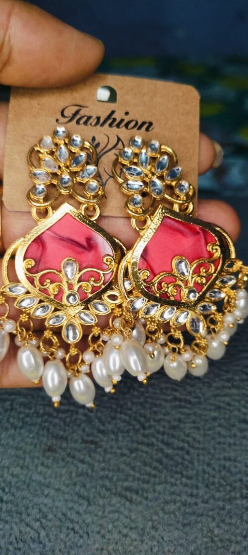 Gold Plated Pink Meenakari Kundan Chandbali Earrings with Pearl Drops for Women