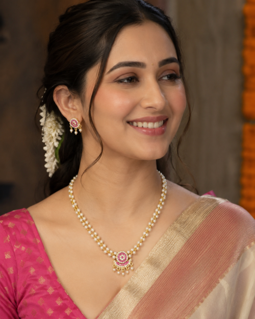 Gold-Plated White Pearl & Pink AD Stone Necklace Set with Earrings