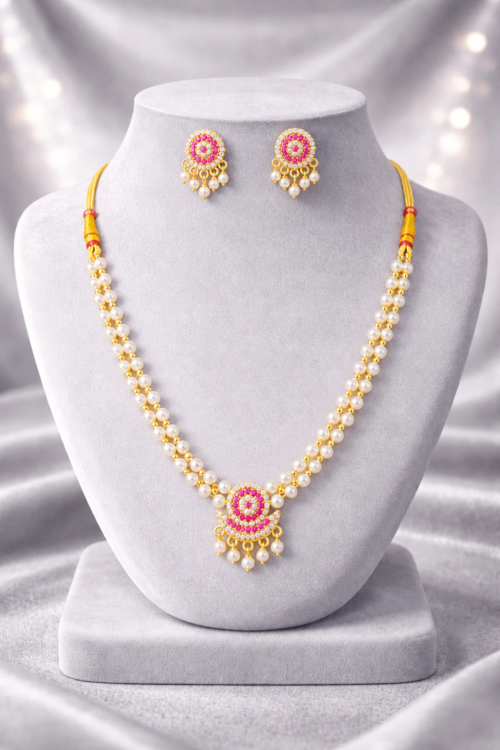 Gold-Plated White Pearl & Pink AD Stone Necklace Set with Earrings