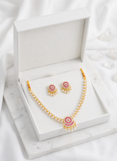 Gold-Plated White Pearl & Pink AD Stone Necklace Set with Earrings
