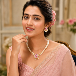 Gold-Plated White Pearl & Pink AD Stone Necklace Set with Earrings