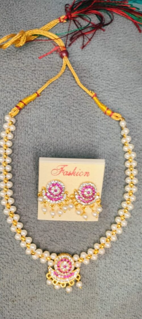 Gold-Plated White Pearl & Pink AD Stone Necklace Set with Earrings