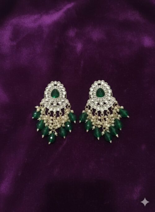 Green Stone & Pearl Chandbali Earrings for Women