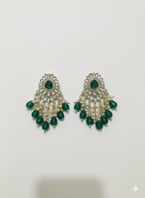 Green Stone & Pearl Chandbali Earrings for Women