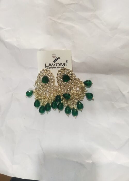 Green Stone & Pearl Chandbali Earrings for Women