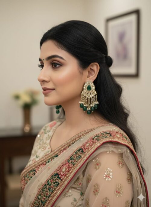 Green Stone & Pearl Chandbali Earrings for Women