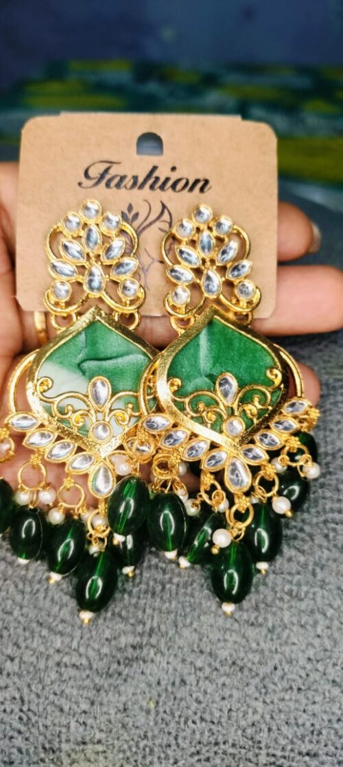Designer Green Meenakari Kundan Earrings with Green Beads for Women