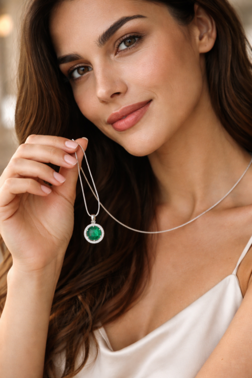 Elegant Green Emerald Stone Round Pendant Silver Plated Chain Minimalist Birthstone Necklace for Women & Girls