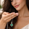 Elegant Green Emerald Stone Round Pendant Silver Plated Chain Minimalist Birthstone Necklace for Women & Girls