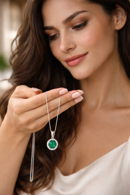 Elegant Green Emerald Stone Round Pendant Silver Plated Chain Minimalist Birthstone Necklace for Women & Girls