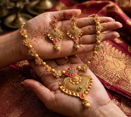 gold plated choker necklace set 1 Traditional Antique Gold-Plated Choker Necklace Set with Earrings