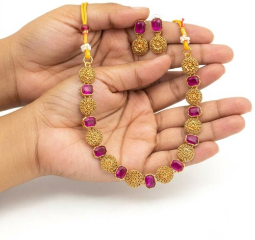 Gold-Plated Pink Stone Choker Necklace Set with Earrings for Women