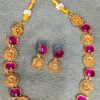 Gold-Plated Pink Stone Choker Necklace Set with Earrings for Women