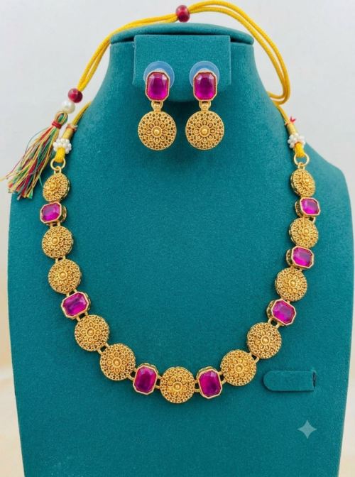 Gold-Plated Pink Stone Choker Necklace Set with Earrings for Women