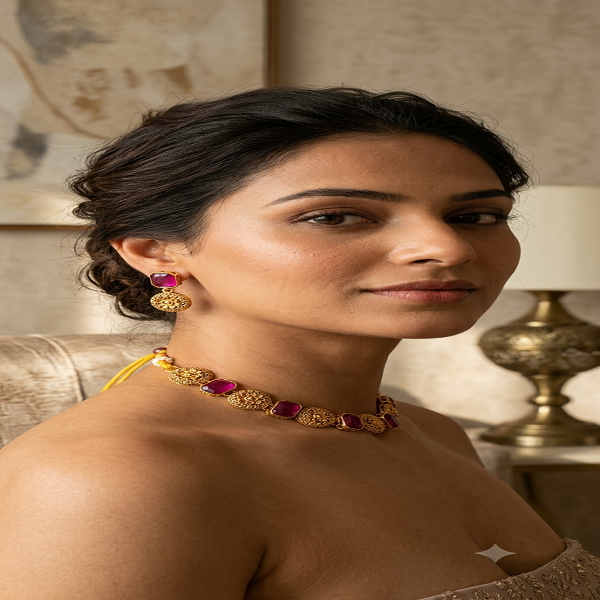 Gold-Plated Pink Stone Choker Necklace Set with Earrings for Women - Image 4