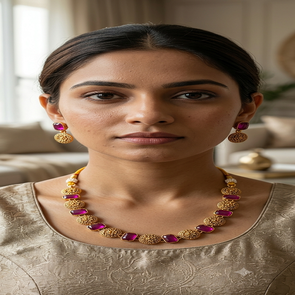Gold-Plated Pink Stone Choker Necklace Set with Earrings for Women - Image 5