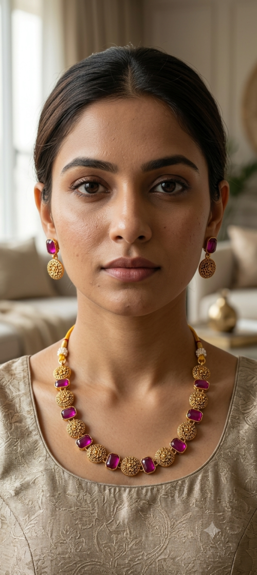 Gold-Plated Pink Stone Choker Necklace Set with Earrings for Women