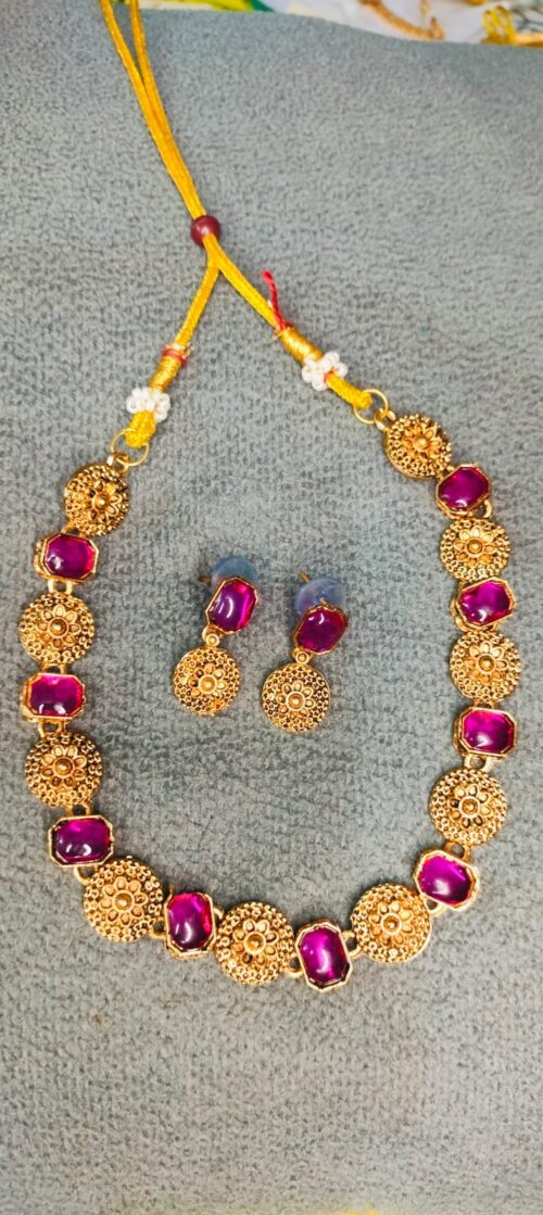 Gold-Plated Pink Stone Choker Necklace Set with Earrings for Women