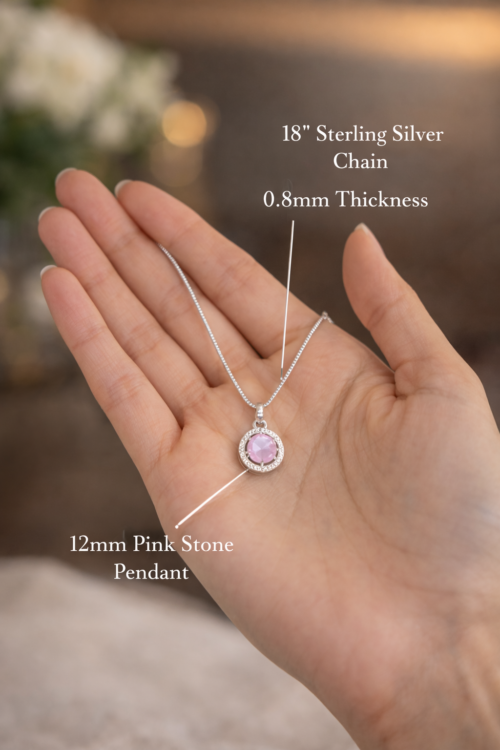 Pink Stone Round Pendant with Silver Plated Chain